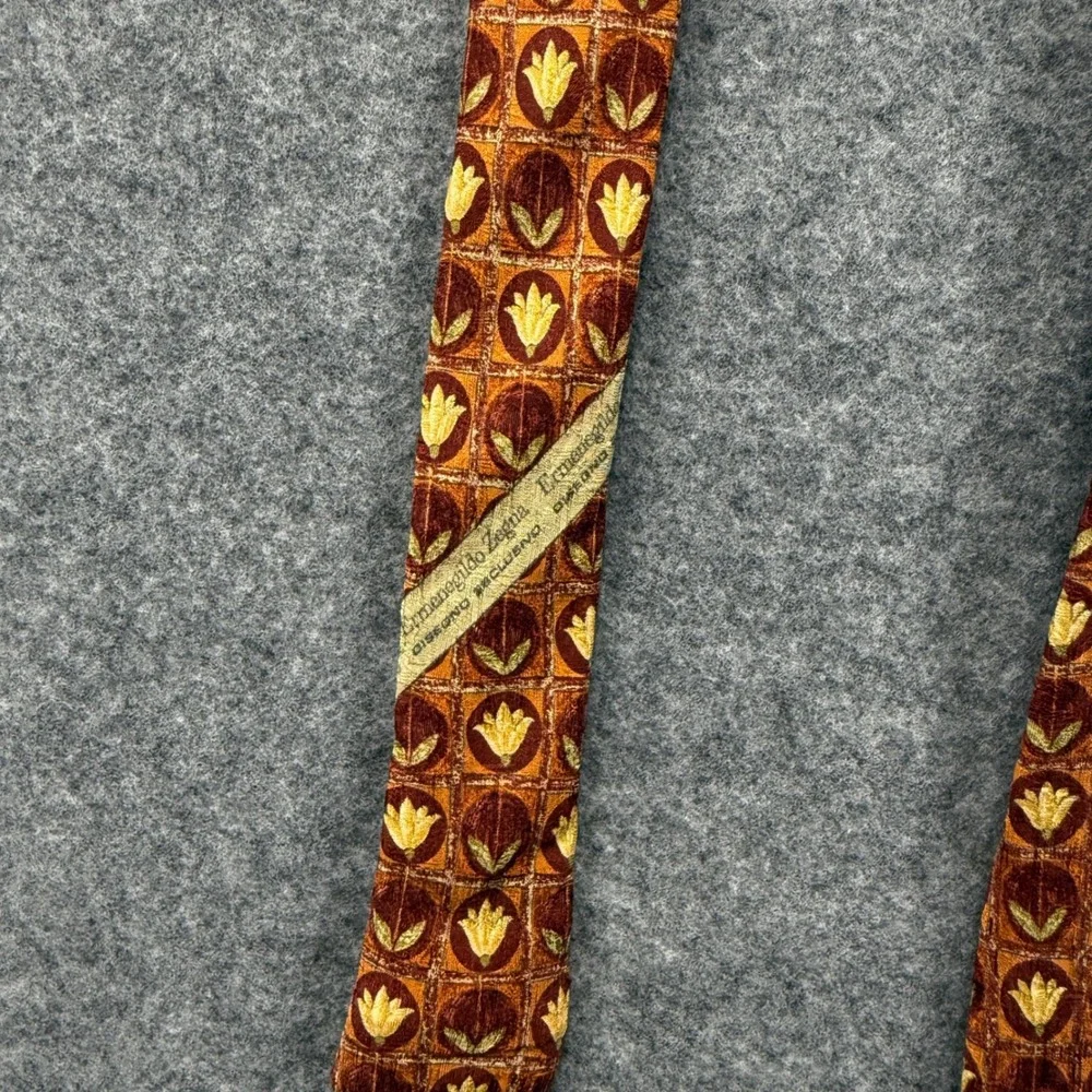 Ermenegildo‎ Zegna Mens Silk Tie Orange Gold Floral Geometric Made in Italy